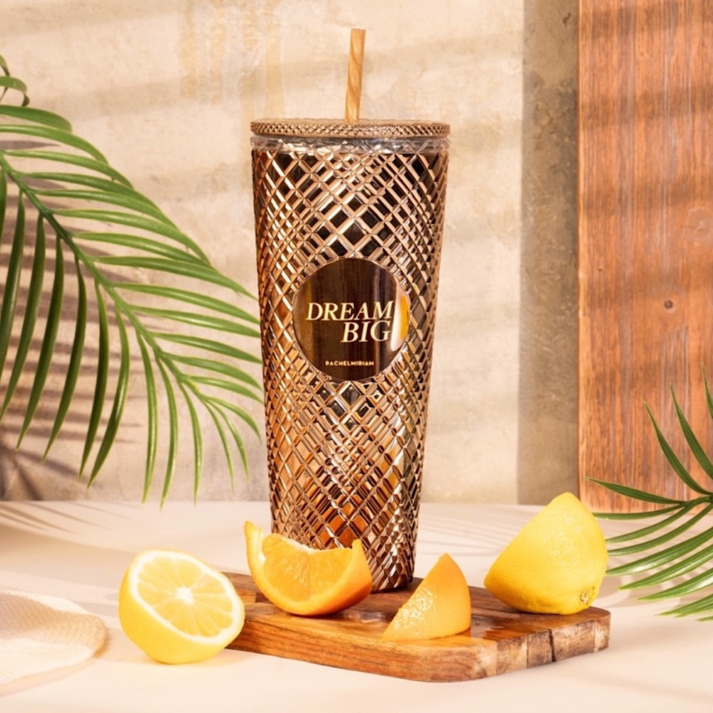 NIB Rachel Miriam Metallic Gold “Dream Big” Tumbler with Straw - Picture 1 of 2